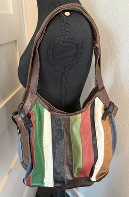 Lucky Brand Leather Multi Colored Patchwork Stripes Hobo Shoulder Bag Purse