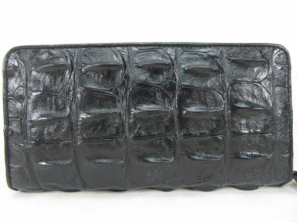 Cartera larga de cuero genuino de piel de columna vertebral de cocodrilo con cremallera alrededor (negra) Foto 3 de 4
