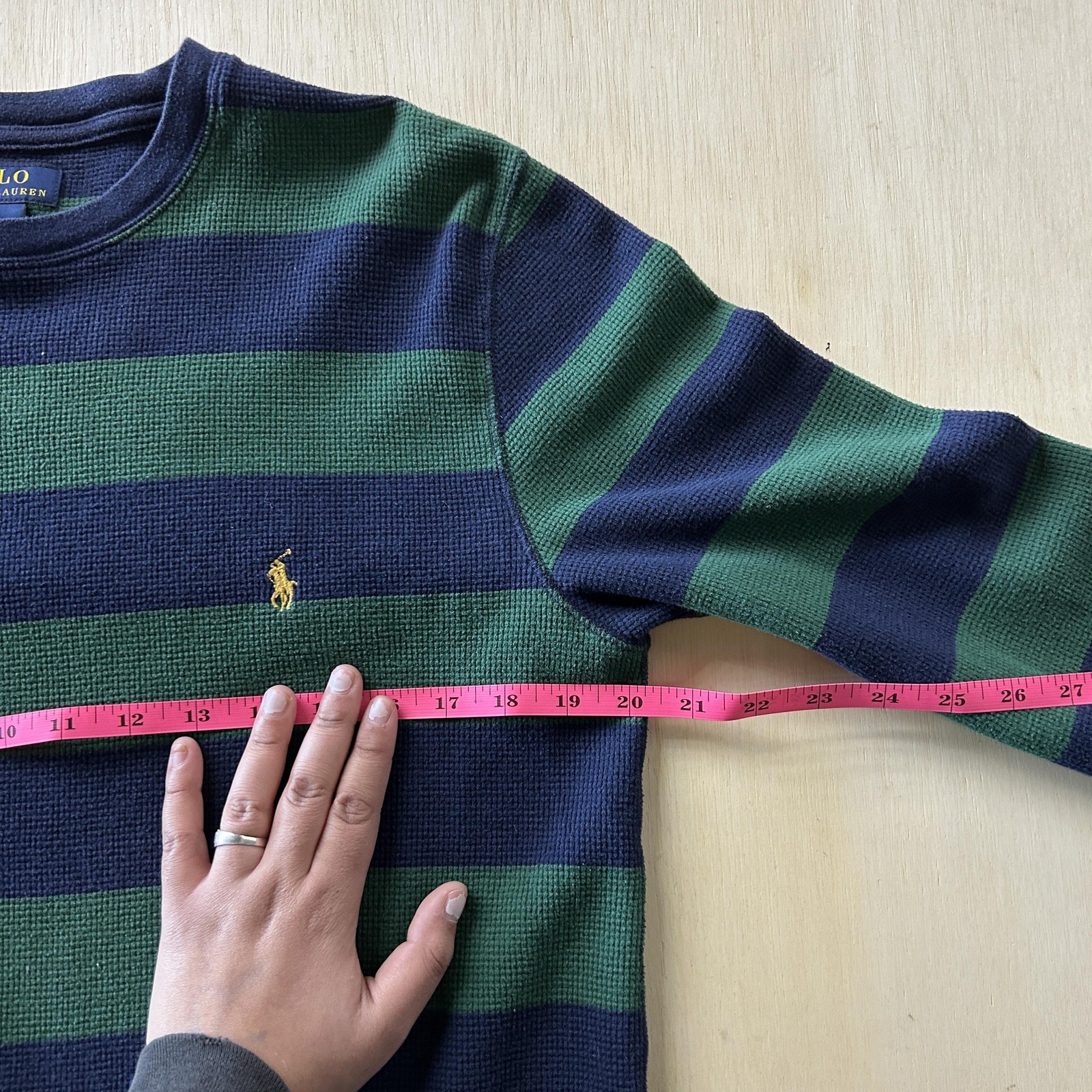 Polo Ralph Lauren Sweater Mens Large Blue Green Striped Thermal Knit Crewneck thumbnail 5