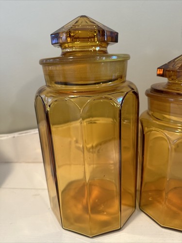Set-2 Vintage LE Smith AMBER Candy Apothecary Grnd Glass Jar Canister 10 Panels - Picture 2 of 12