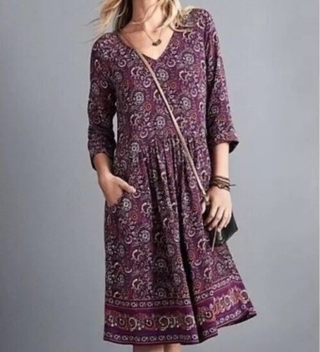 Garnet Hill Damen Bohemian Taschen Detail Kleid lila Paisley Blumenmuster Gr. 4 - Bild 10 von 11