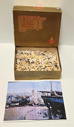 Victory Gold Box Wood Jigsaw Puzzle LOW TIDE HARBOUR SCENE 500 Pieces 20X14 RARE - Picture 2 of 12