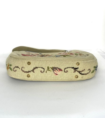 Vintage 50's Needlepoint Floral Purse Handbag Pockets Coin Purse Beige - Picture 5 of 15