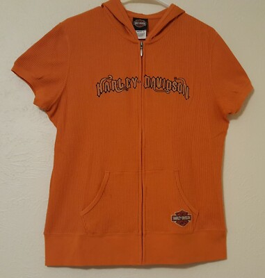 Harley Davidson Orange Waffle Weave Cap Sleeve Hoodie Front Zip Womens L Jacket 