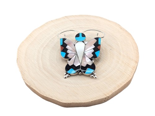 Native American Large Butterfly Multi Stones Inlay Zuni Pendant Brooch Jewelry