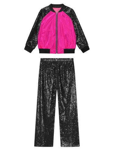Kids Girls Dancewear Zipper Outfit Sequined Tracksuits Set Jacket Stand Collar - Picture 87 of 133