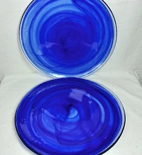 Pier 1 Blue Indigo Glass Swirl Cobalt 11" Dinner Plate Set Of 2