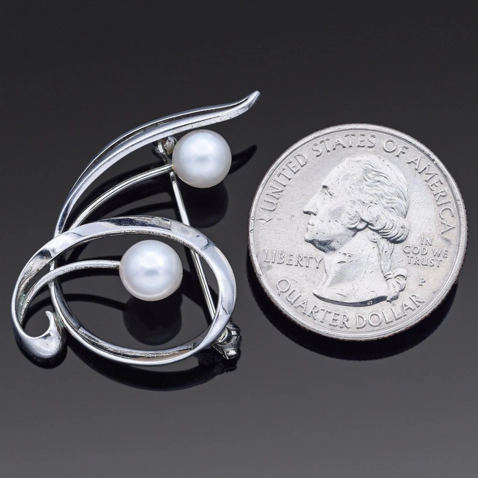 Винтажная брошь на булавке из чистого серебра с жемчугом Mikimoto 38,5 x 25,5 мм - Изображение 4 из 4