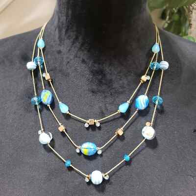 Womens Fashion Three Strands Charm Necklace Turquoise Gemstone w/ Lobster Clasp