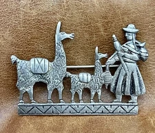 Antique 1960’s Peru Sterling Silver Llama Alpaca Quechua Girl Cutout Work Brooch