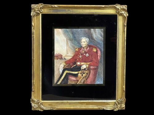 Antique Victorian Watercolour Painting Of A Military Army Officer Gentleman.