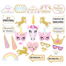 28Pcs Photo Booth Photobooth Birthday Unicorn Pink Props Party Prop DIY Mask