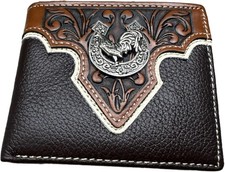 MENS WALLET ROOSTER LONGHORNS COWBOY BLACK LEATHER WALLET 5" X 5" X 1" EH13043