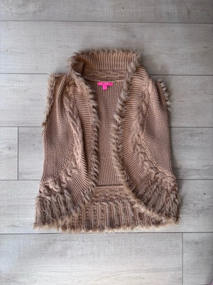 #ad #ad Lilly Pulitzer Torini Vest Sand Castle Metallic Faux Fur Trim Cable Knit L $39.99