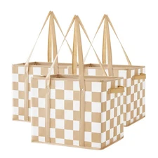 Biege Checkered Reusable Grocery Bags Heavy Duty 3 Pack Checkerboard Foldable...