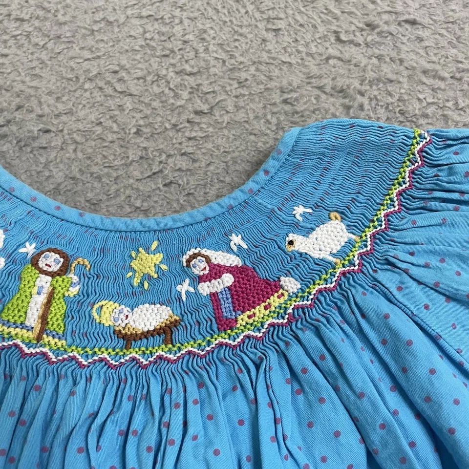 Smocked Nativity Scene Christmas Bishop Dress Size 3T Jesus Angel Blue Pink - Image 3 of 4