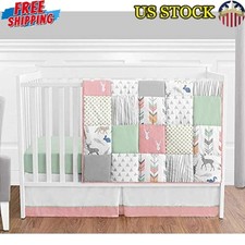 4 Piece Baby Crib Bedding Set Deer Applique Microfiber Woodland Nursery Decor US