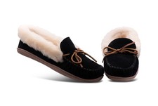 Minnetonka Womens Alpine Sheepskin Moccasin - Black Suede - Size 6 3370-BLACK-6
