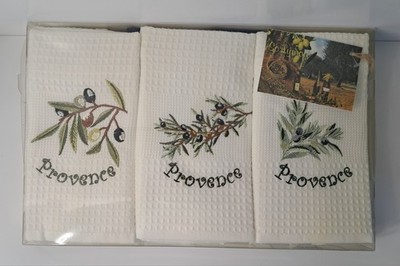 Vintage Solymod Provence Towel Set-6 Waffle-Weave Kitchen Olives & Floral 1999