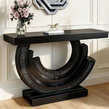 Modern Mirrored Console Table Black Glass Crushed Diamond Entryway