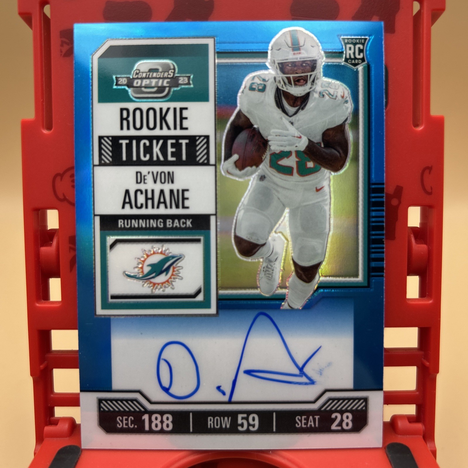 2023 Contenders Optic DeVon Achane Teal Rookie Ticket Auto RC 51/99 #109