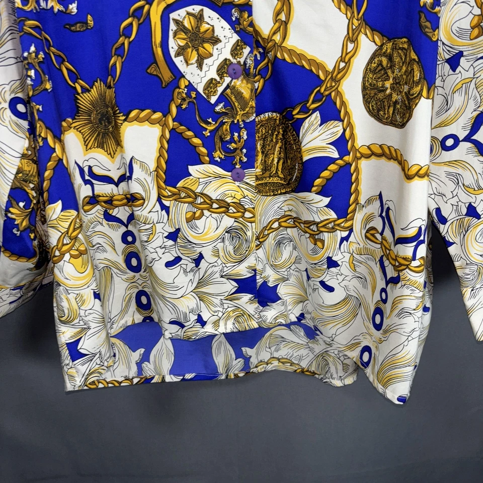 Camisa Nordstrom De Colección Años 80 Top Para Mujer 14 XL Azul Seda Dorado Estampado Barroco Botones Foto 3 de 4
