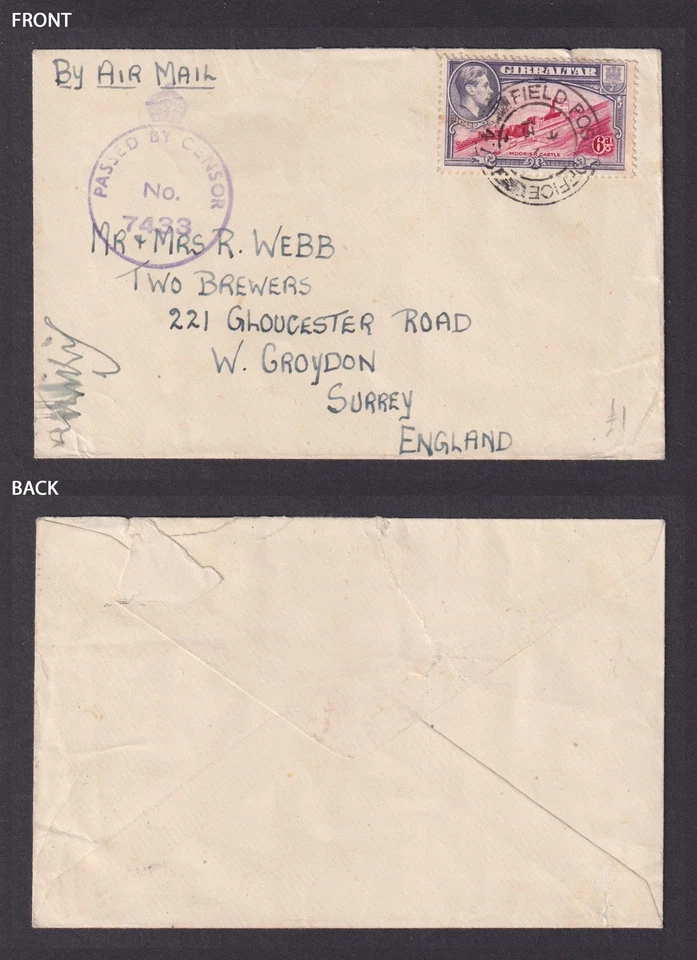 GIBRALTAR, cubierta censurada correo de campaña a Inglaterra correo aéreo Segunda Guerra Mundial Foto 3 de 3