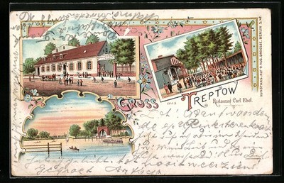 Lithographie Berlin-Treptow, Restaurant Carl Ebel, Wasserpartie mit Ruderboot 