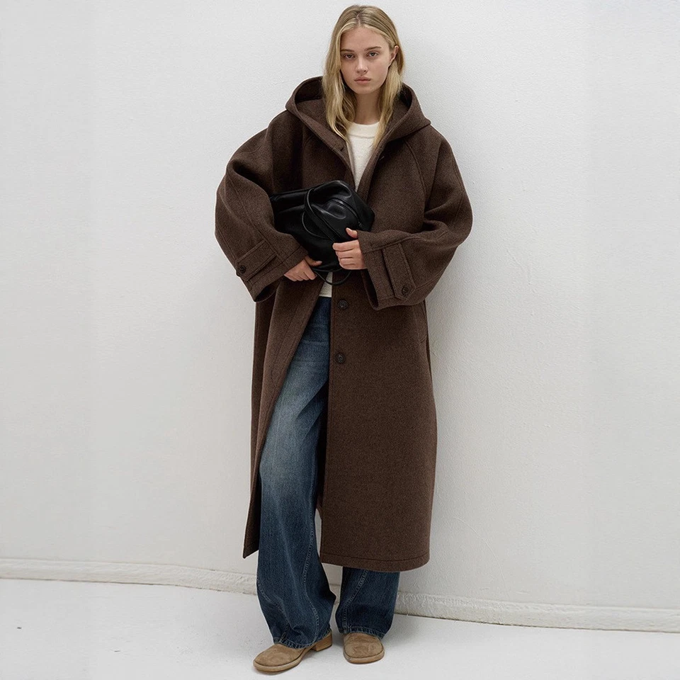 Chaqueta Abrigo Mujer THE ROW Lana Otoño Invierno Suelta Cálida con Capucha Foto 2 de 4