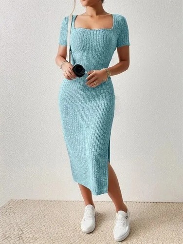 Damen Sommer Strick Schlitz Kleid Quadratischer Ausschnitt Bodycon Midi Freizeit Outfit Luxus - Bild 11 von 11
