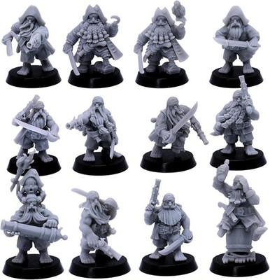 Zwerg Piraten Miniaturen Set - 12 Resin Figuren mit Musketen & Schwertern | 32mm RPG