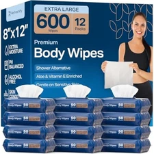 Extra Large Shower Body Wipes for Adults 8" x 12" (600 count) + 12 Tra