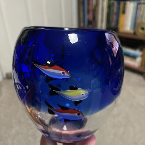 Kunstglas Fisch Aquarium Vase Schale blau Vintage handgefertigt unsigniert schwere Vase - Bild 5 von 10