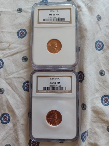 1956 - NGC MS 66 RD And 1956 D Ms66 Lincoln One Cent 1C Wheat Uncirculated Coins