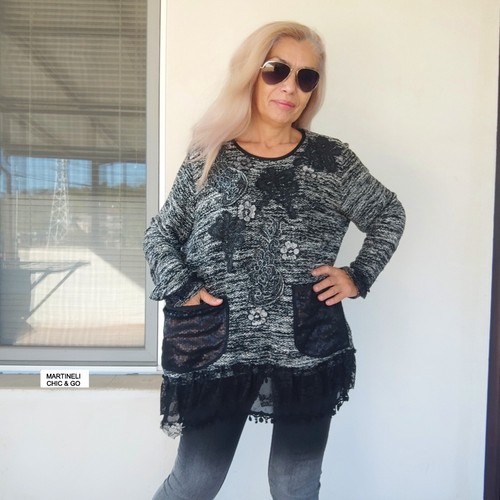 FLORAL SWEATER DRESS L/XL BOHO STYLE FALL TOP GRAY KNIT TUNIC ELEGANT BLACK TOP - Picture 13 of 13
