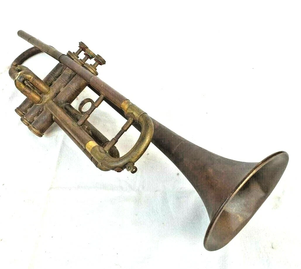 Vintage Old Antique Brass Hand Playing Trumpet Tuba Musical