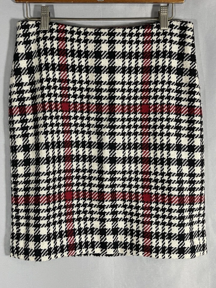 Falda de rodilla lápiz a cuadros pata de gallo clásica mezcla de lana Talbots para mujer talla 4P usada en excelente estado