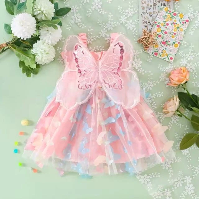 Niñas Cumpleaños Fiesta Noche Vestidos Alas Mariposa Niños Ropa Dulces Niños Foto 3 de 4