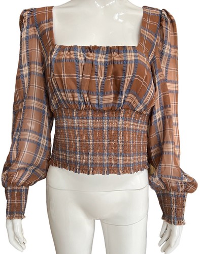Gianni Bini Faye Plaid Smocked Square Neck Blouse Long Sleeve Woven Size 12 NWT