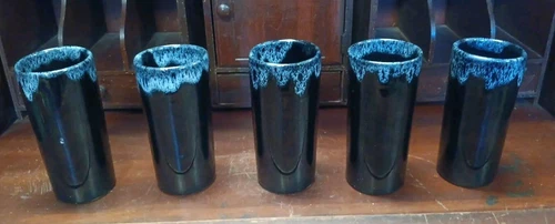 VanBriggle Pottery Drk Blue Blue Drip Tumblers (5) Signed Anna VanBriggle 1960s