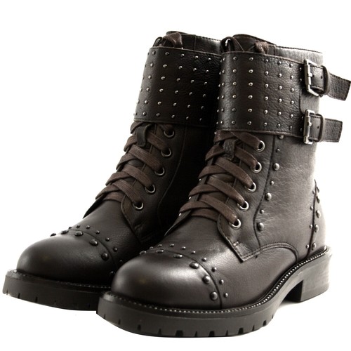 Botines Botas Militares Carmela Mujer Cuero Marrón Oscuro Tachuelas Acero |  eBay