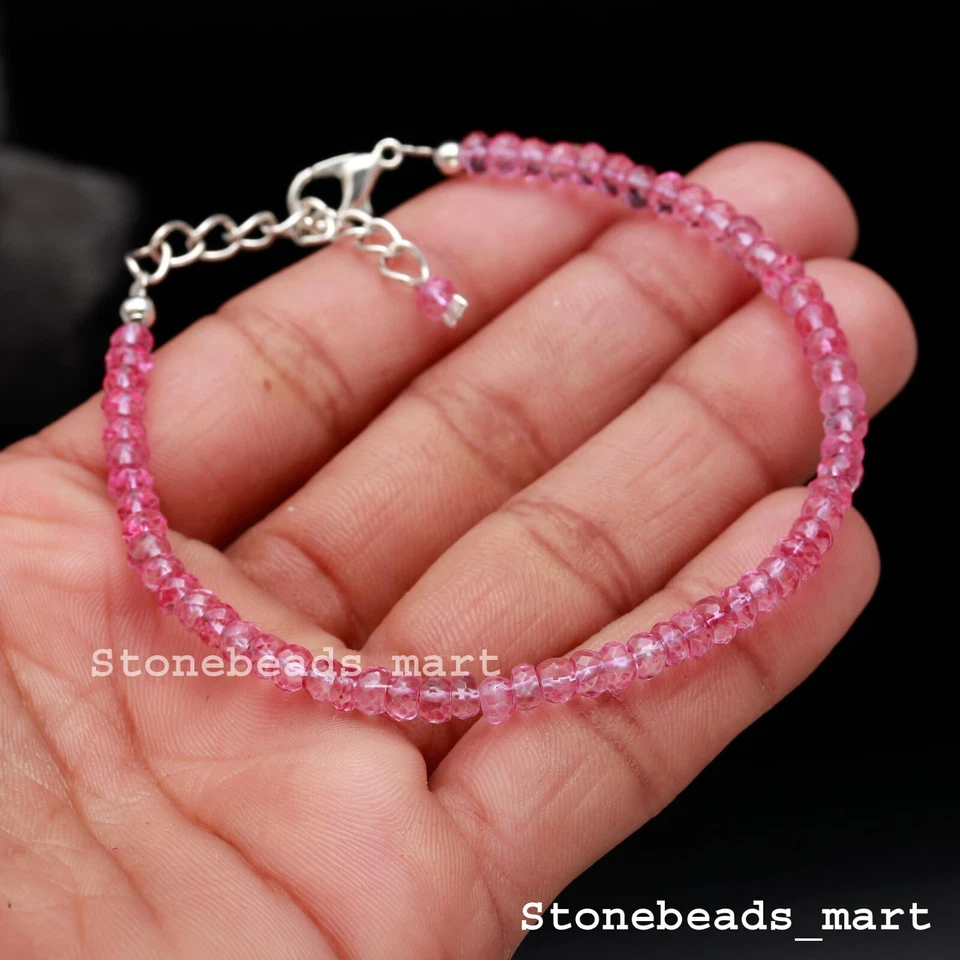 925 Sterling Silver Genuine Pink Topaz Rondelle 4mm Faceted Handmade Bracelet 7" - Image 2 of 4