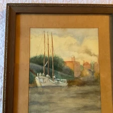 Vintage 40s sailboat landscape watercolor painting signed framed