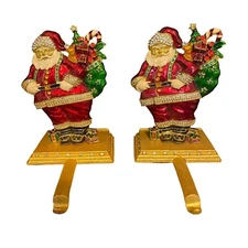 Vintage Metal Santa Christmas Stocking Holders Mantel Hooks Bling Set Of 2