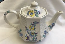 Teapot, Sadler, white with blue flowers, octagonal base and top, 1960s vintage