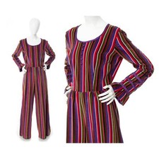 Vintage 1960s 1970s Palazzo Jumpsuit 60s 70s Striped Velvet Wide Leg Rainbow