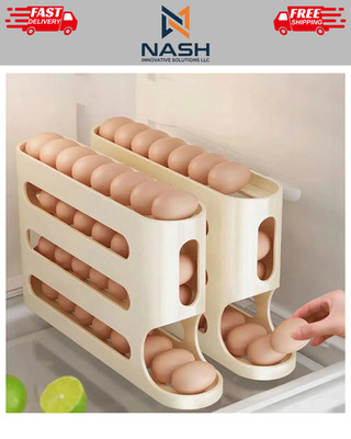 1Rack 4-Tier Automatic Rolling Egg Holder Rack Fridge Egg Storage Organizer Bin