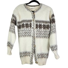 Vintage Icelandic S Fuzzy Cardigan Sweater Nordic Fair Isle Cream Brown Cottage