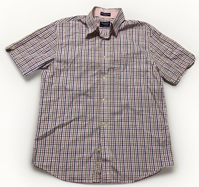 Hackett London 120's 2-Ply Cotton Men's Shirt Large blue Pink Check Short Sleeve