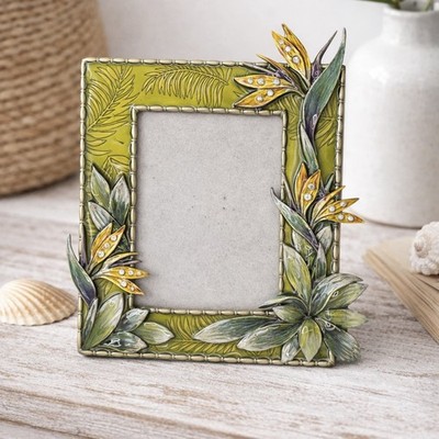 Vintage Tropical Picture Frame 3x3 Bird of Paradise Green Gold Taiwan